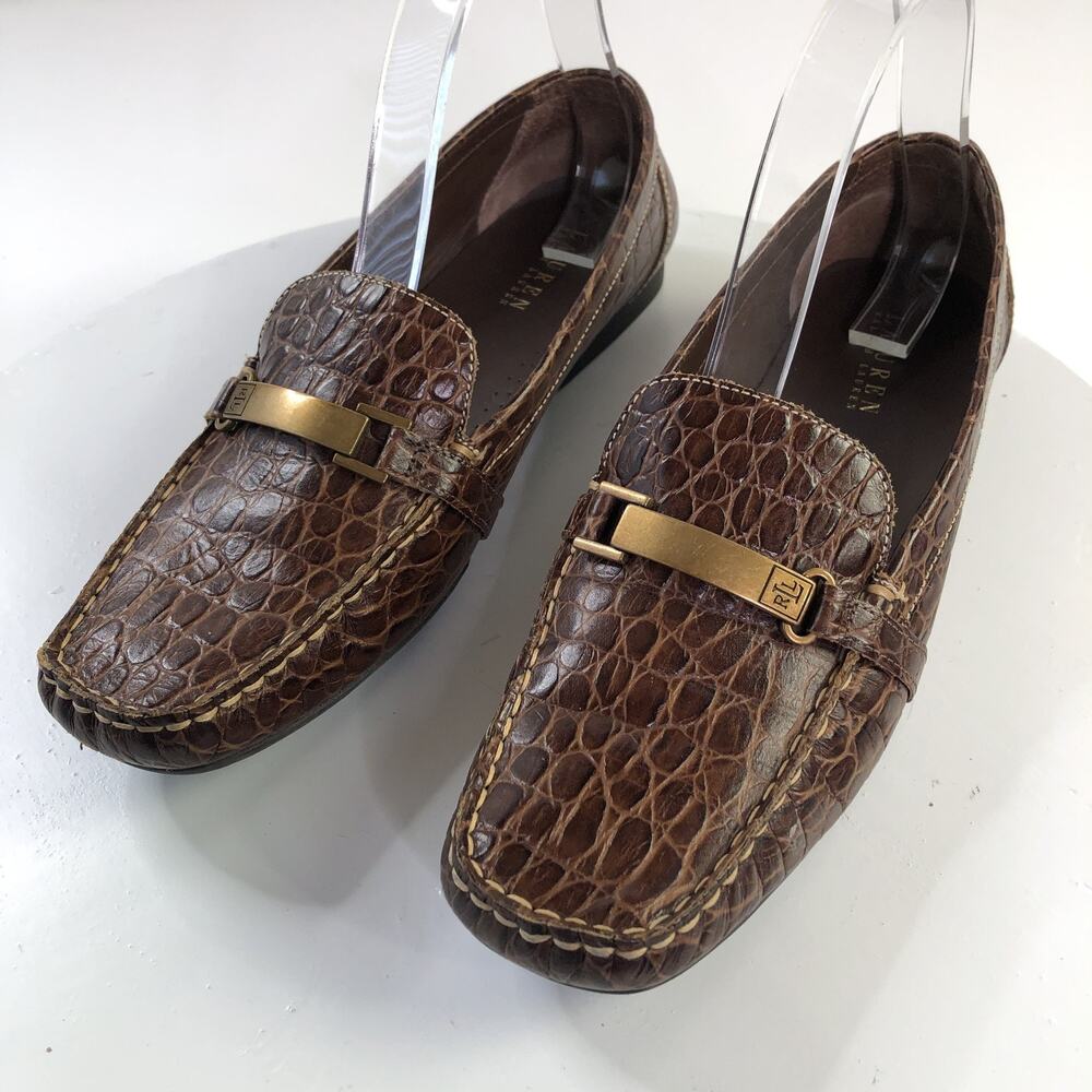 Lauren Ralph Lauren Crocodile Women 11B Embossed Leather Loafer Dress Shoe Brown